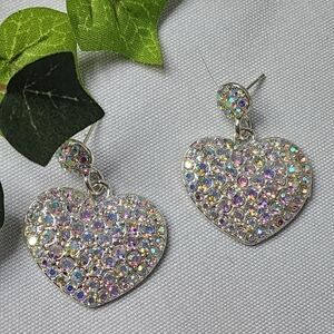 Silver Heart Drop Earrings with AB Iridescent Crystal Stones New